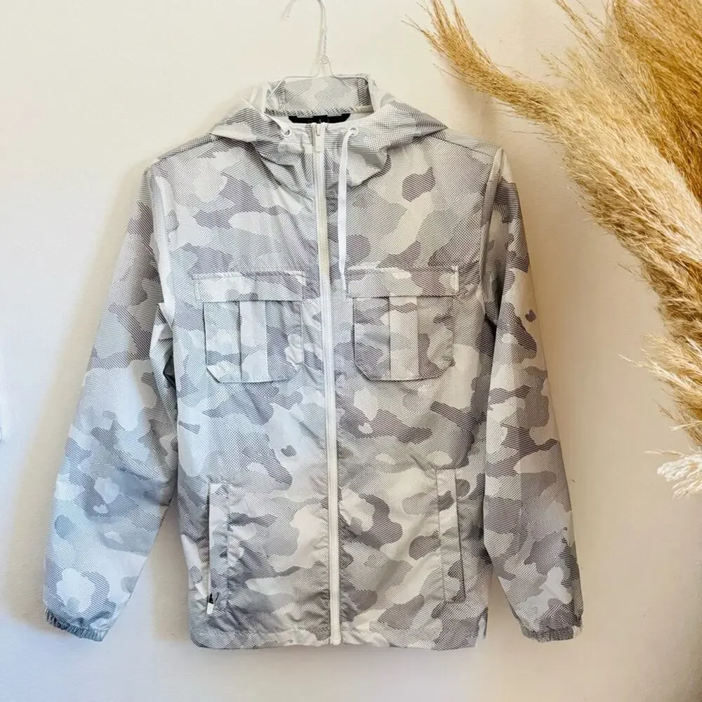 MENS ALL IN MOTION White Grey Camo Print Zip Hood Light Windbreaker Jacket S